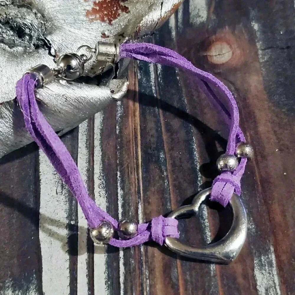 Handcrafted Antique Silver Purple Vegan Suede Open Heart Magnetic Clasp Bracelet